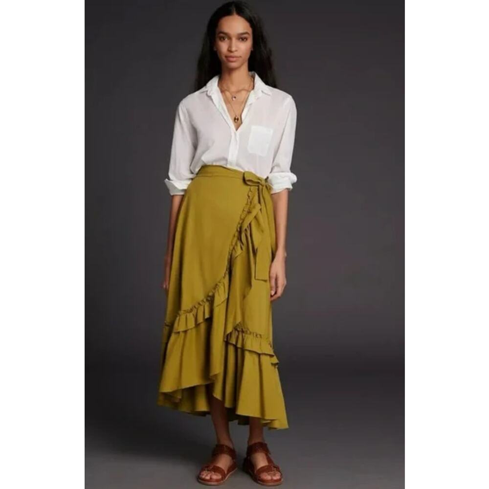 Anthropologie Maeve Constance Asymmetrical Pleated Tie Skirt Small - Olive Green